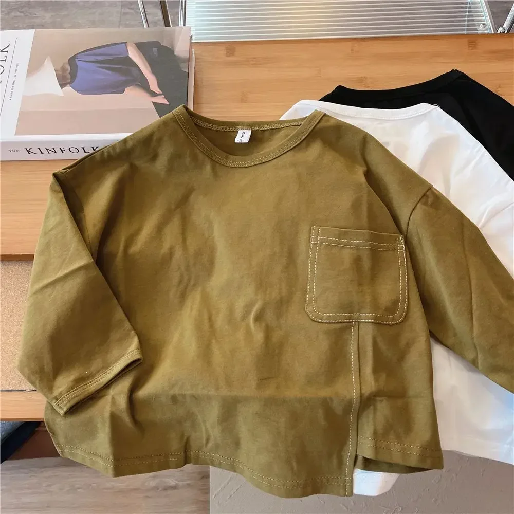 Boys Long-sleeved T-shirt Spring  Autumn Korean New Children Solid Color Irregular Bottoming Shirt Baby Autumn Inner Tops 4