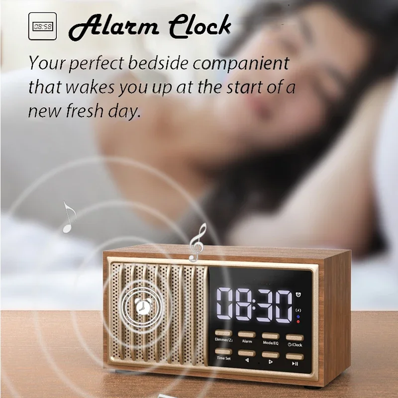 Mini Portable Woode Retro FM Radio Wireless Charger Bluetooth Speaker Handsfree Call Music Player Support Alarm Clock TF USB AUX