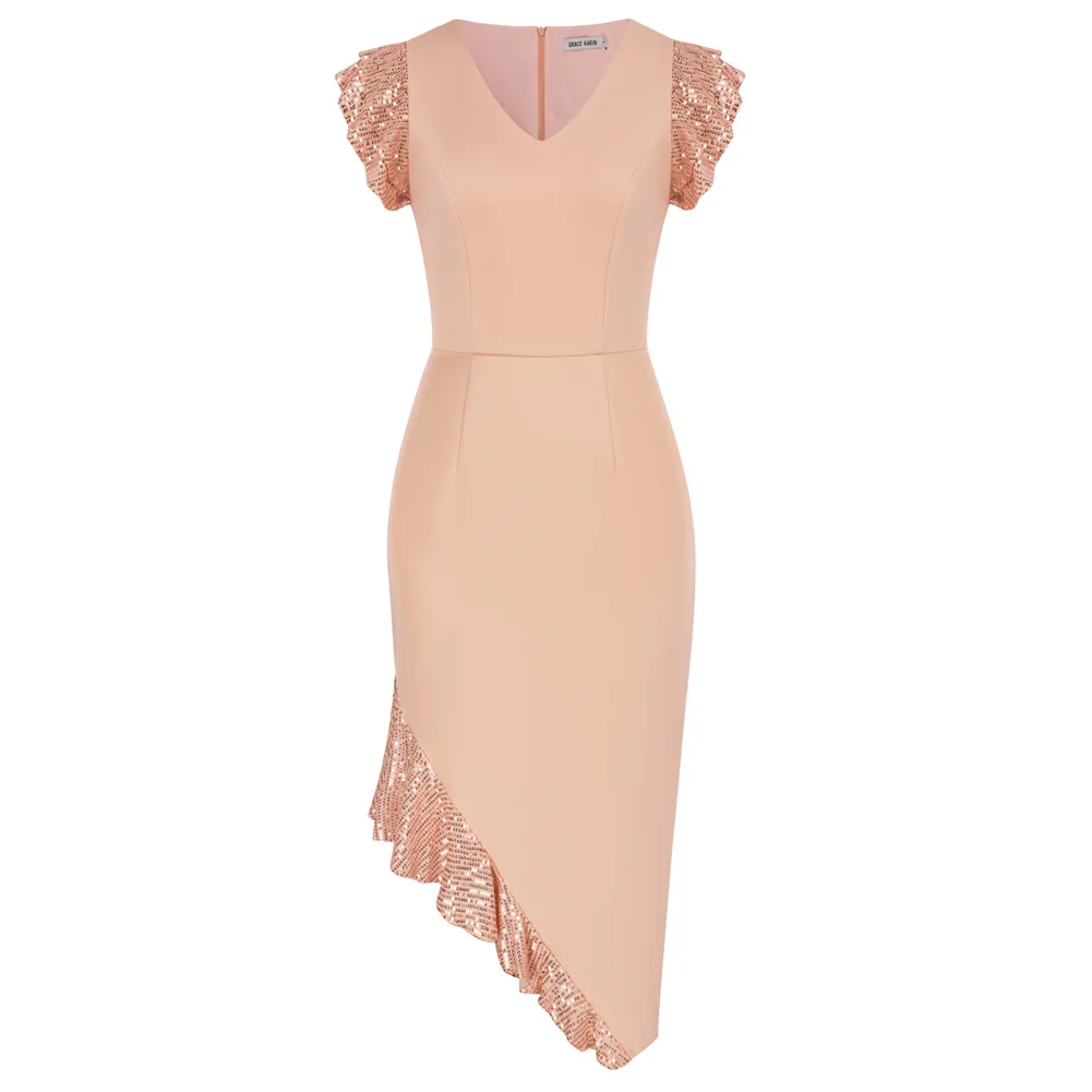 

GK Women Irregular Hem Party Dress Flutter Sleeve V-Neck Bodycon Dress