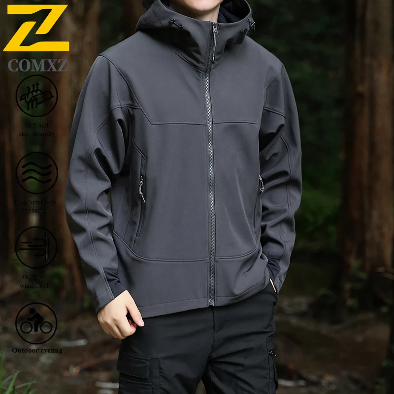 Men's Autumn Jacket Outdoor Waterproof Windbreaker Hooded Softshell Fleece Lined Tactical Coat for Hiking Camping Mountaineering