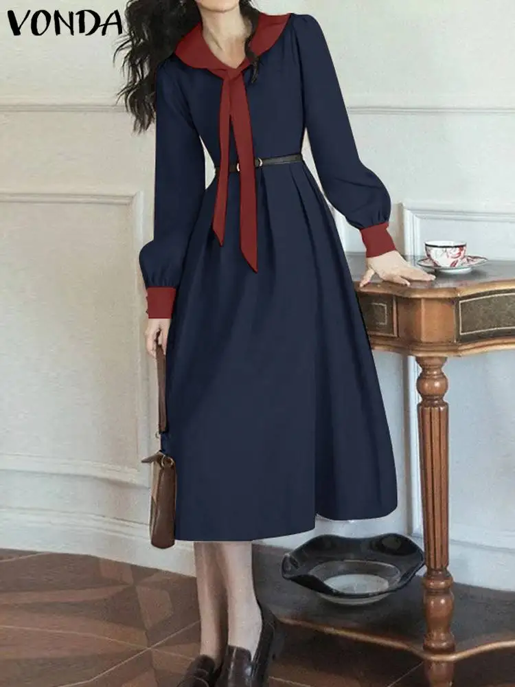 

VONDA Fashion Dress 2024 Elegant Lapel Collar Bow Knot Long Sleeve Party Sundress Women Casual Loose Solid Color Pleated Vestido