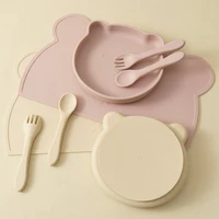 4PCS Baby Silicone Dishes Set Waterproof Placemat Suction Cartoon Bear Plate Soft Fork Spoon Feeding Learning Baby Stuff 1
