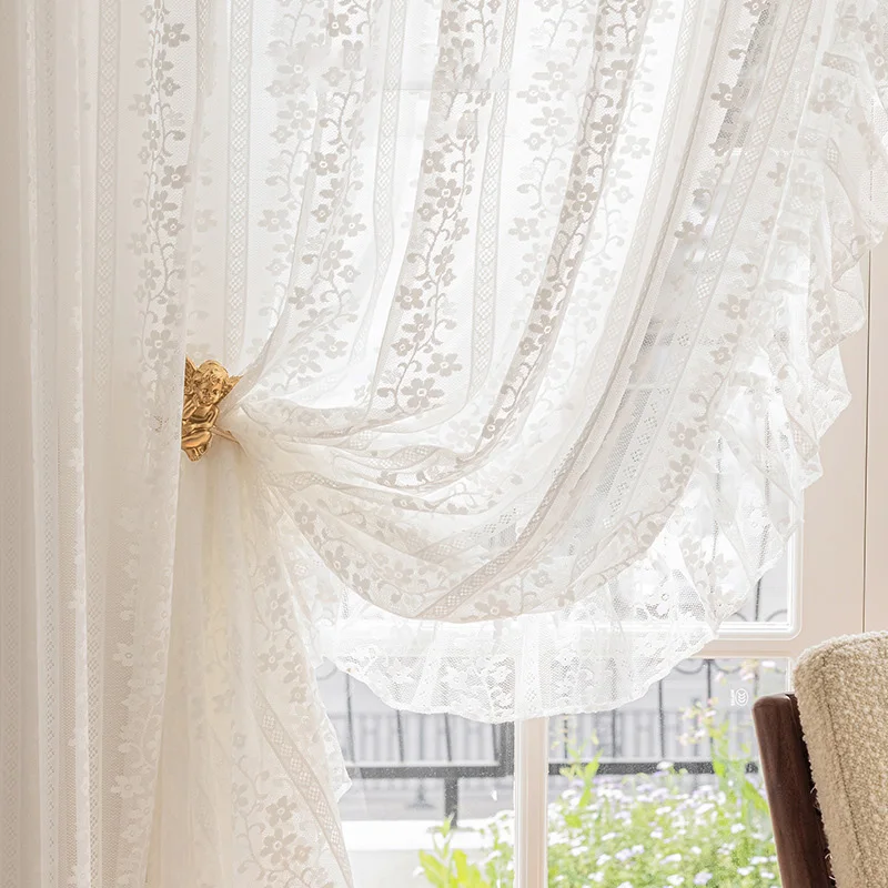 White Dots Romantic Ruffle Edge Voile Curtains for Girl Room French Vintage Lace Light Filtering Mesh Tulle Window Bedroom Drape