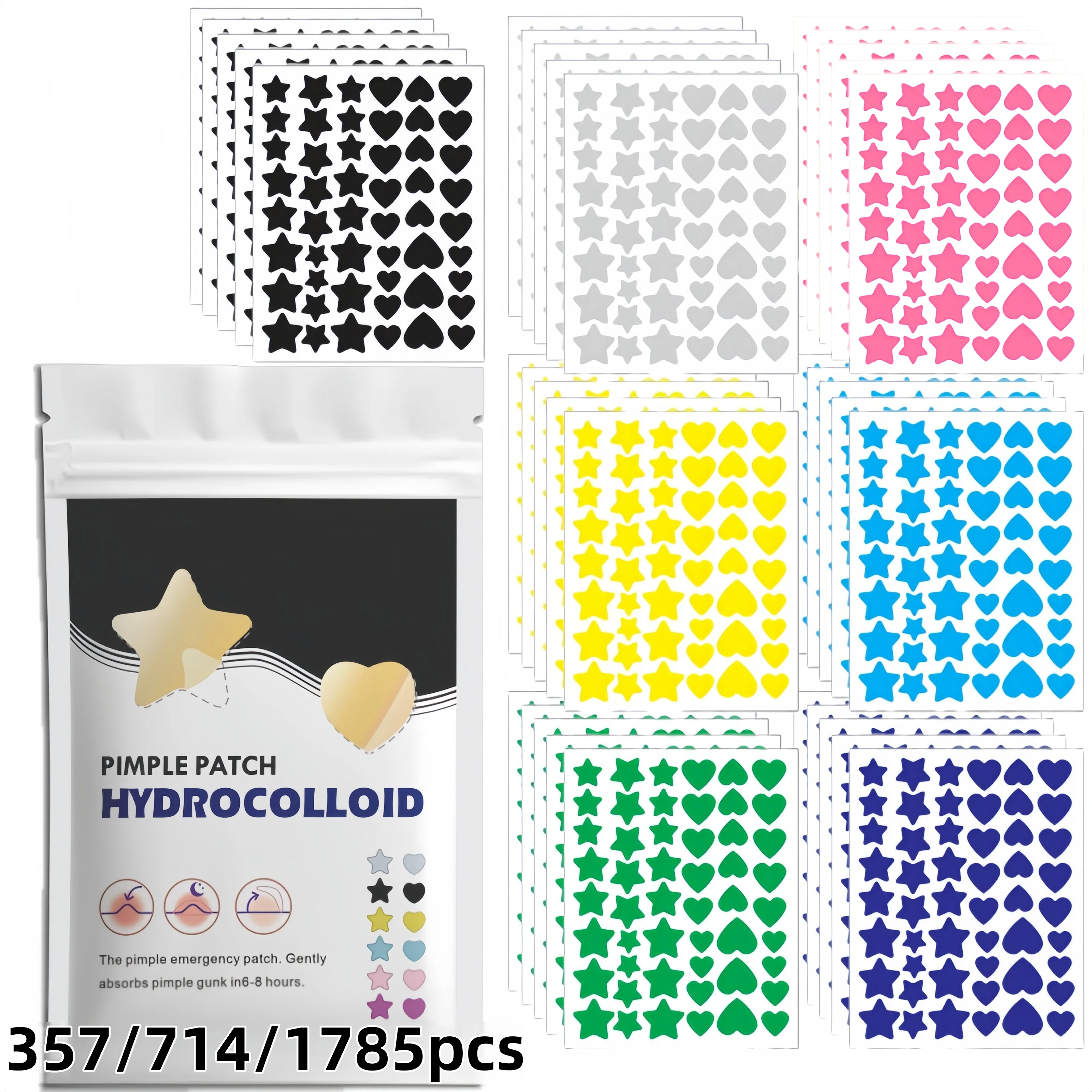 357/714/1785pcs Multi-Color Pimple Patch Set – Cute Star & Heart Acne Dots, Mixed Sizes, Skin-Friendly
