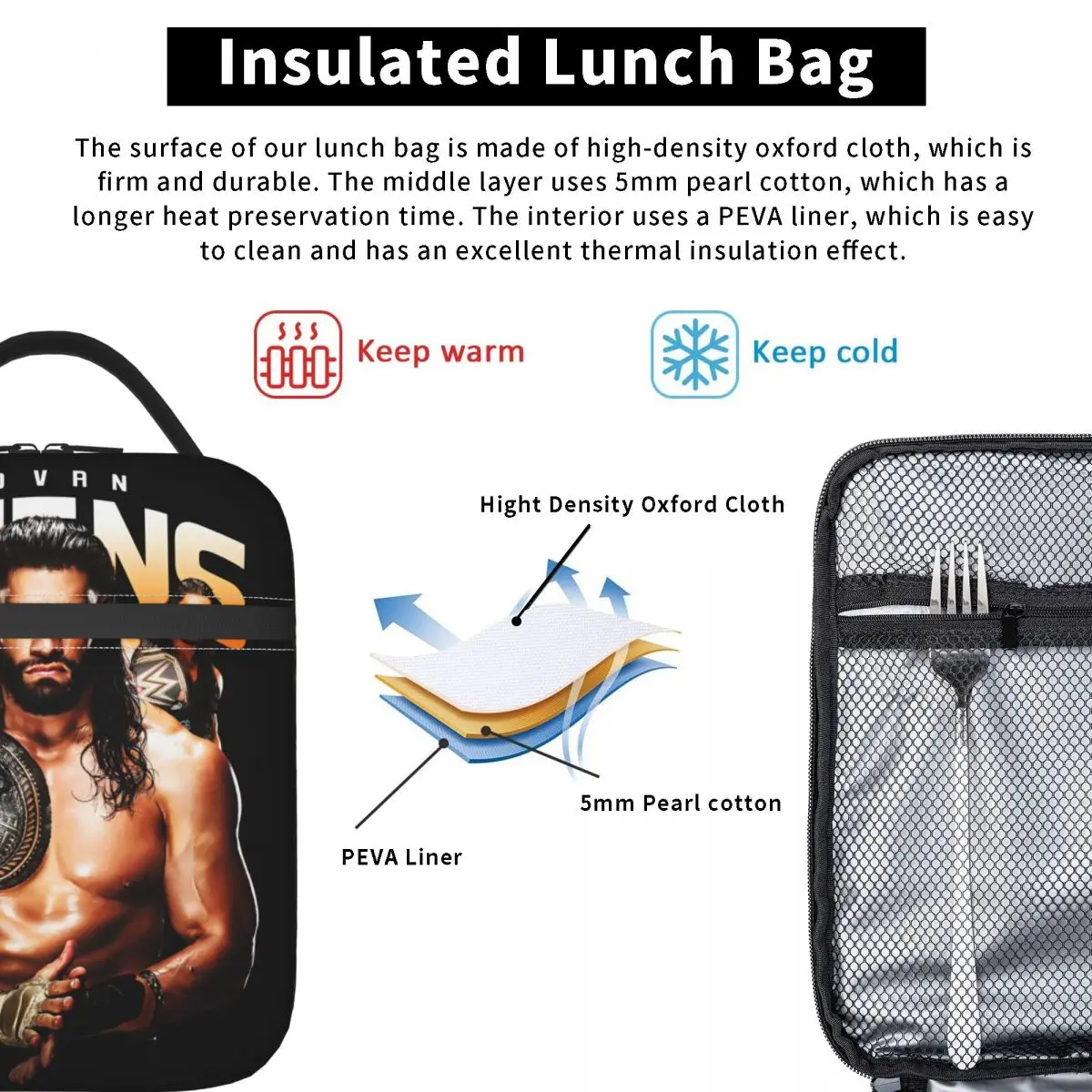 Roman Reigns Wrestling Winner Champion Insulated Lunch Bags Food Container Leakproof Cooler Thermal Bento Box For School Office