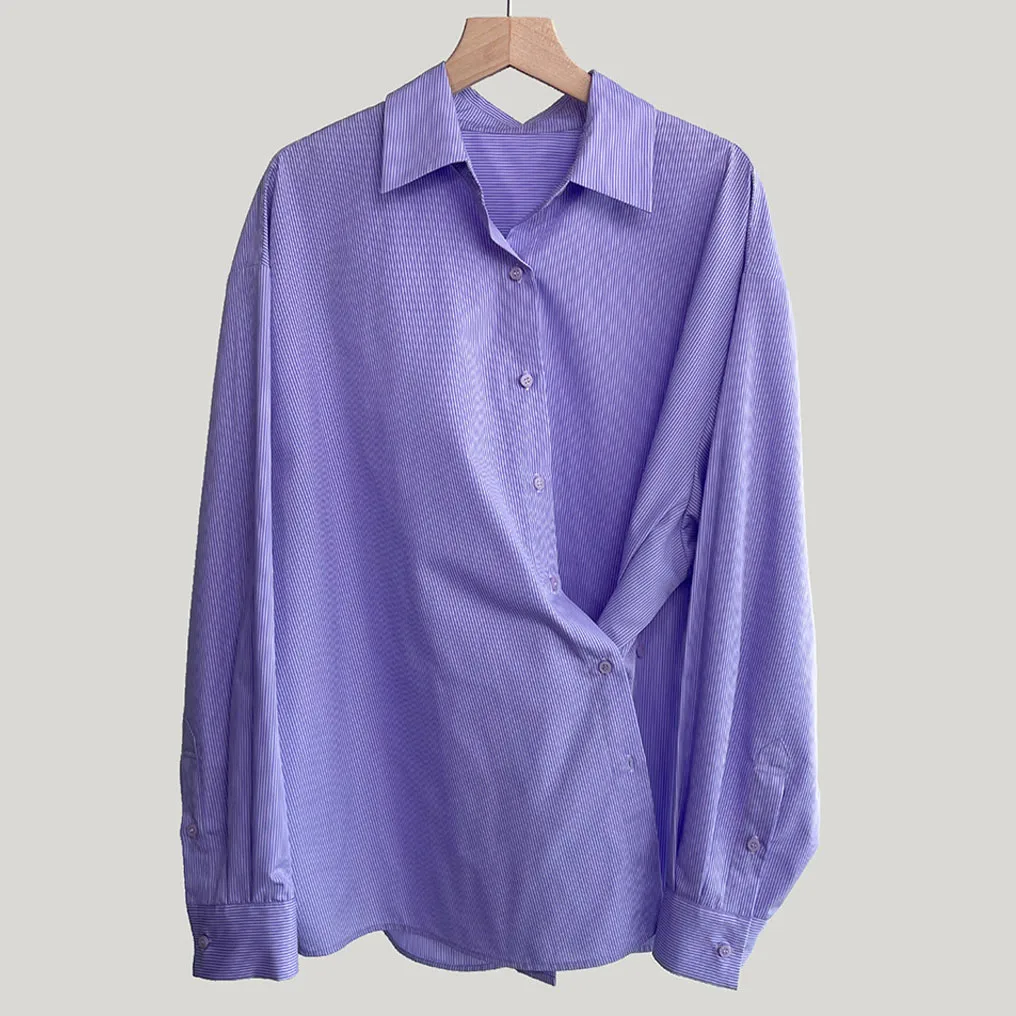 Spring Shirts for Women Blouses Long-sleeved Cotton Viscose Shirt Lavender Purple Irregular Diagonal Button Loose Skin-friendly