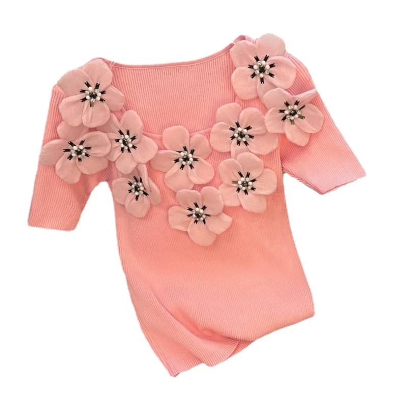

Ladies Beaded Sweet Pink Three-Dimensional Flower Short-Sleeved T-Shirt Women's Summer New Slim Fit Temperament Knitting Top