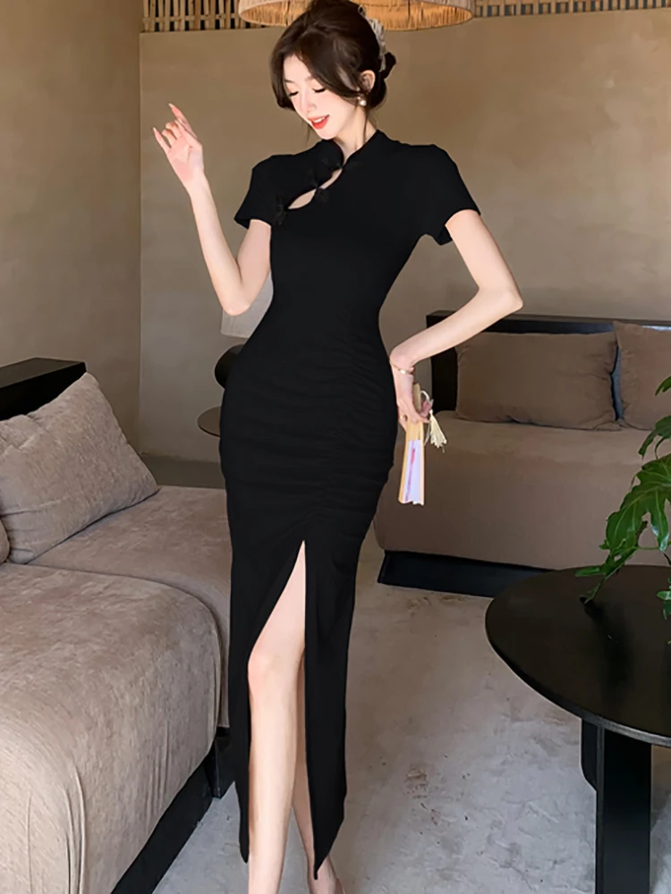 

Summer Black Short Sleeve Stand Collar Long Dress Women Korean Vintage Hepburn Prom Dress 2024 Elegant Bodycon Party Night Dress
