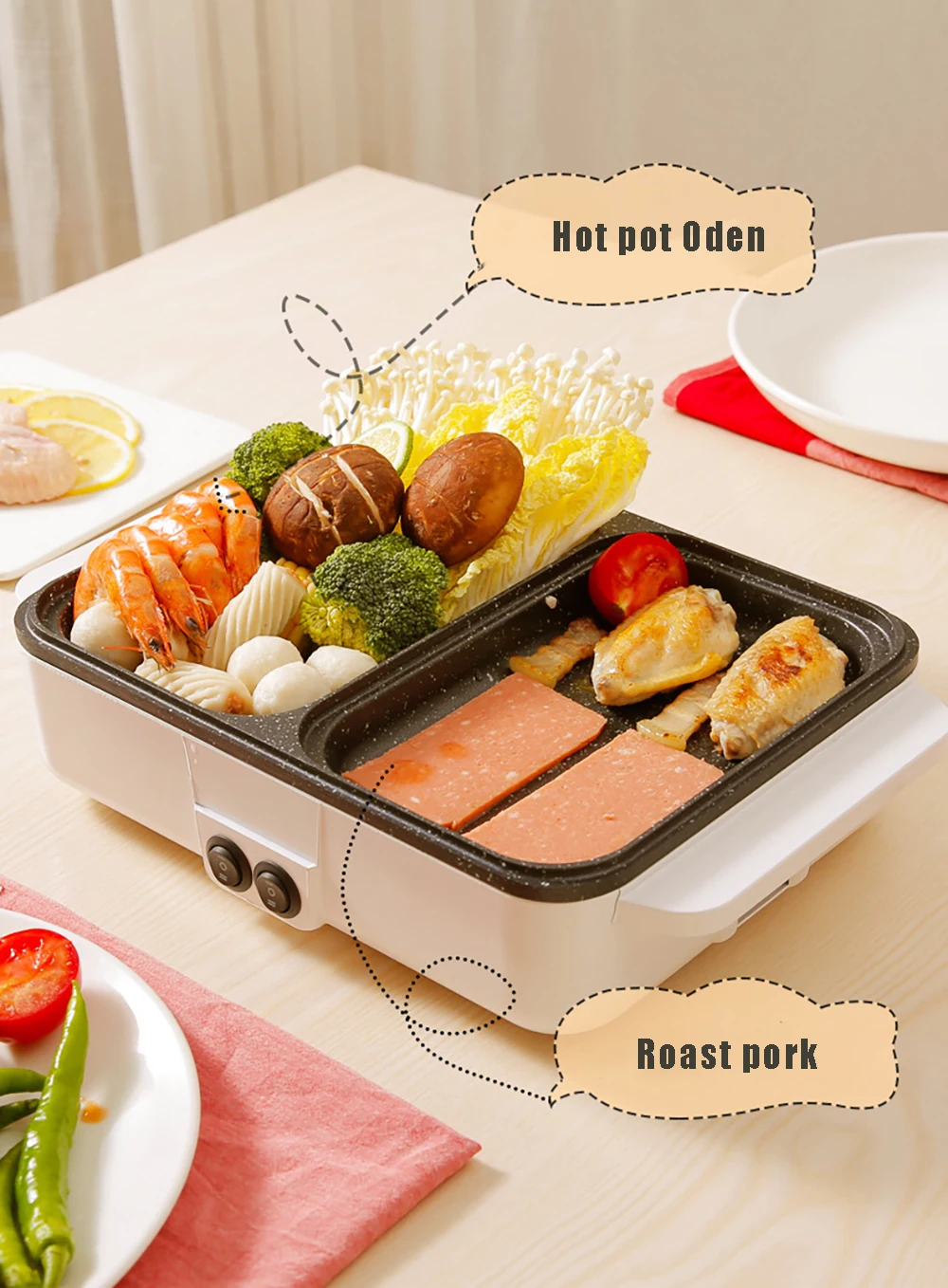 Description Picture 2 of item110V/220V 1200W 2 IN 1 Electric Hot Pot Cooker BBQ Grill Multicooker Electric BBQ Grill Non Stick Plate Barbecue Pan Cooking Pot