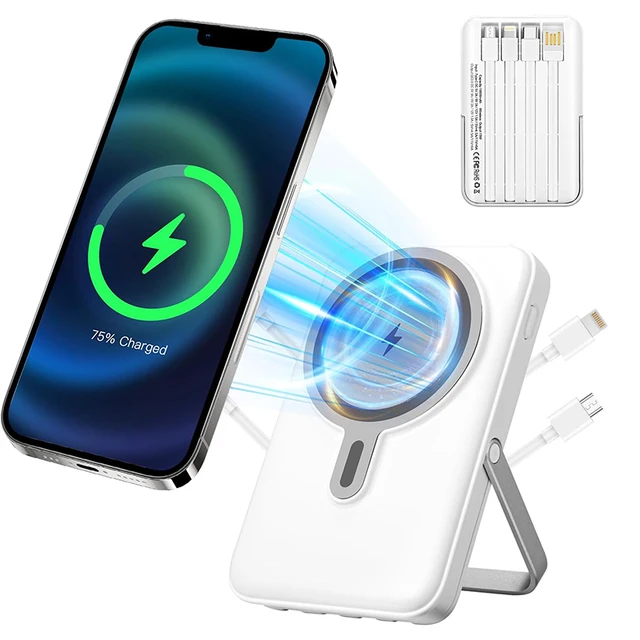 Fast Charging Portable Battery, Power Bank 10000mAh with Stand and 4 Cables Wireless Magnetic Charger for iPhone 14/13/Pro/Mini