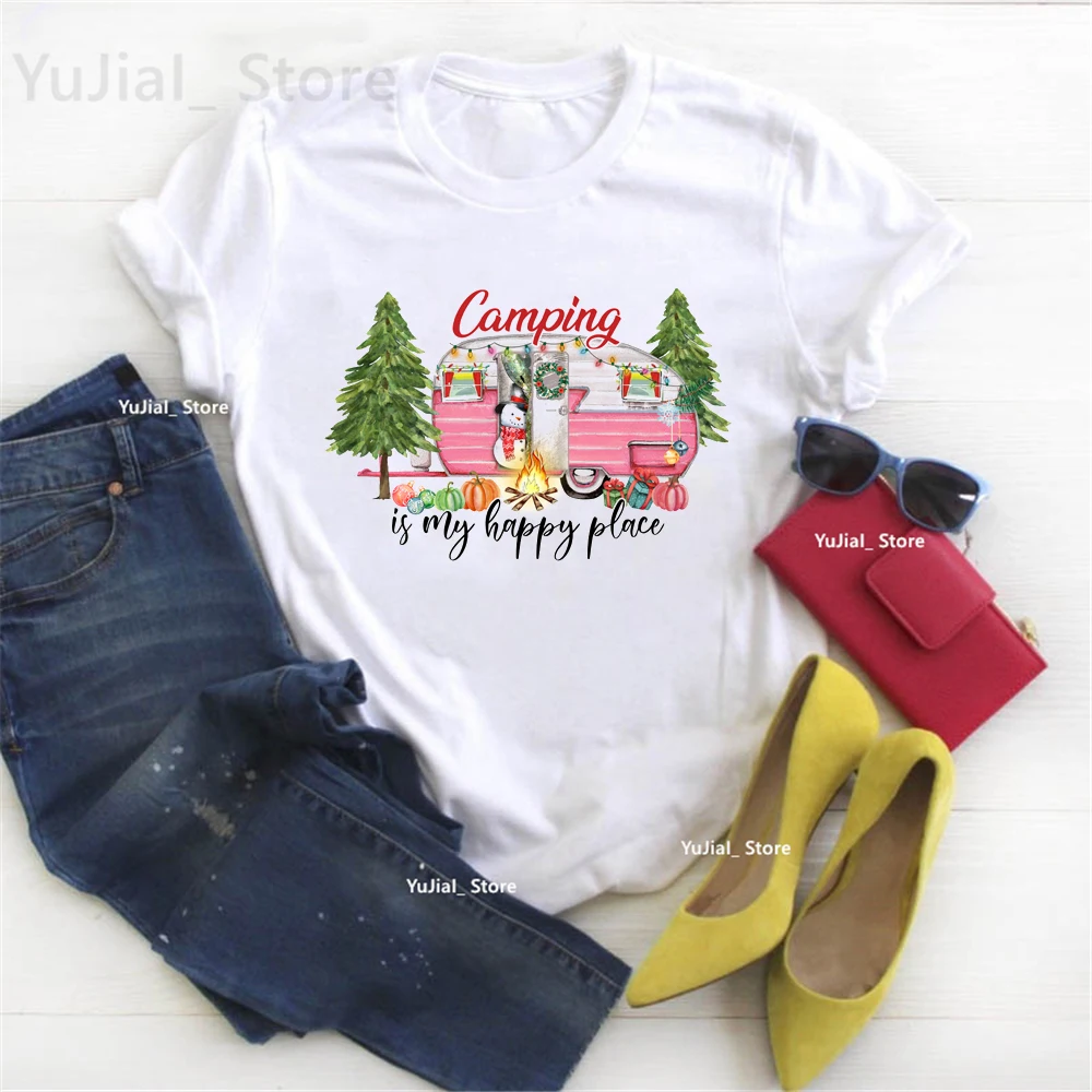 

Campinig Is My Happy Place Graphic Print Tshirt Women'S Clothing Christmas Gift T Shirt Girls Funny Cool T-Shirt Female Tops