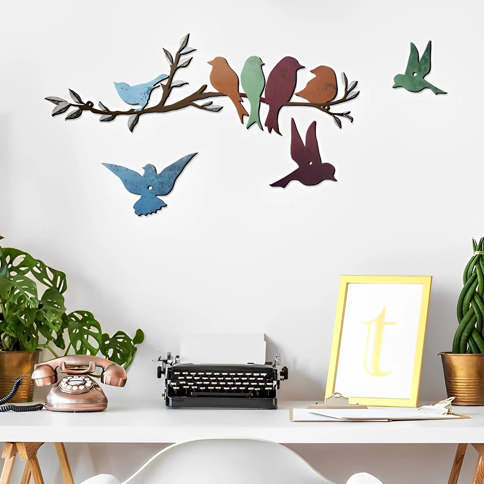 Quadro Metallo Uccelli Su Ramo - Decorazione Parete Moderna