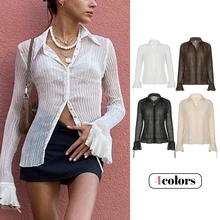 

Vintage White Folds Cute Shirts Women Elegant Fashion Flared Sleeve Button Tops See Through Sexy Girl Tees