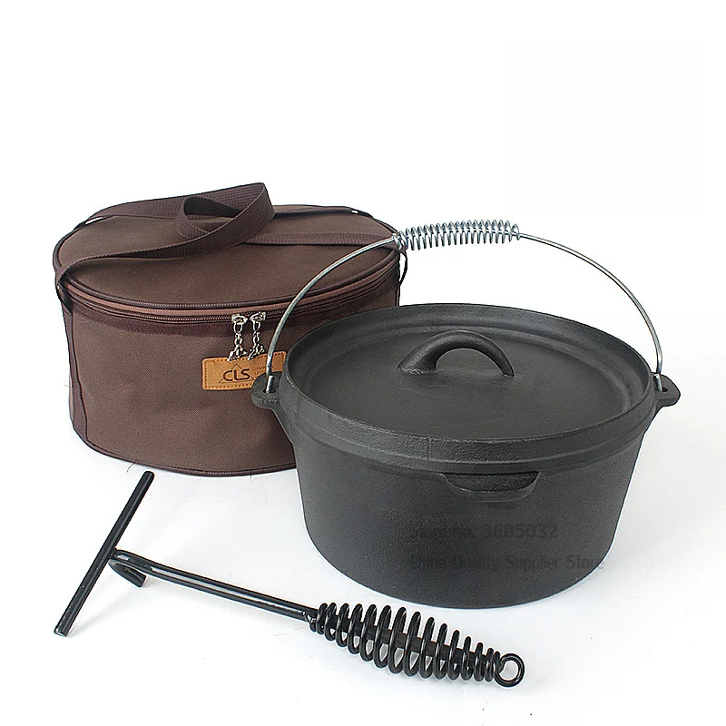 

Cast Iron Camping Pot Set with Bag Outdoor Picnic Pot Stew Pot Dutch Oven Uncoated Stew Pots Soup Hanging Pot 25cm