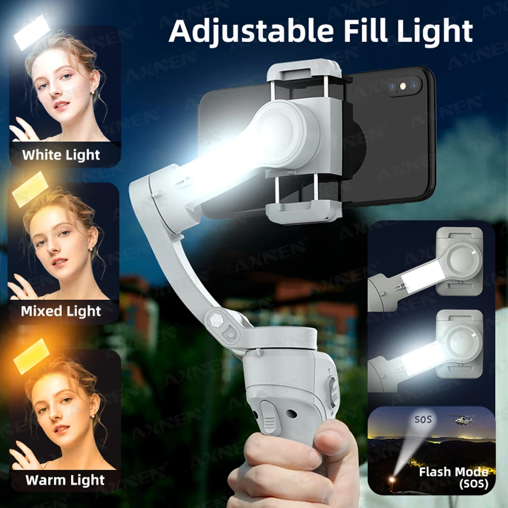 Smartphone Photography Kit HQ6 3 Axis Anti-shake Vlog Stabilizer with Fill Light Face Following for TikTok Travel Video Shoot Mobile Phone Handheld Gimbal