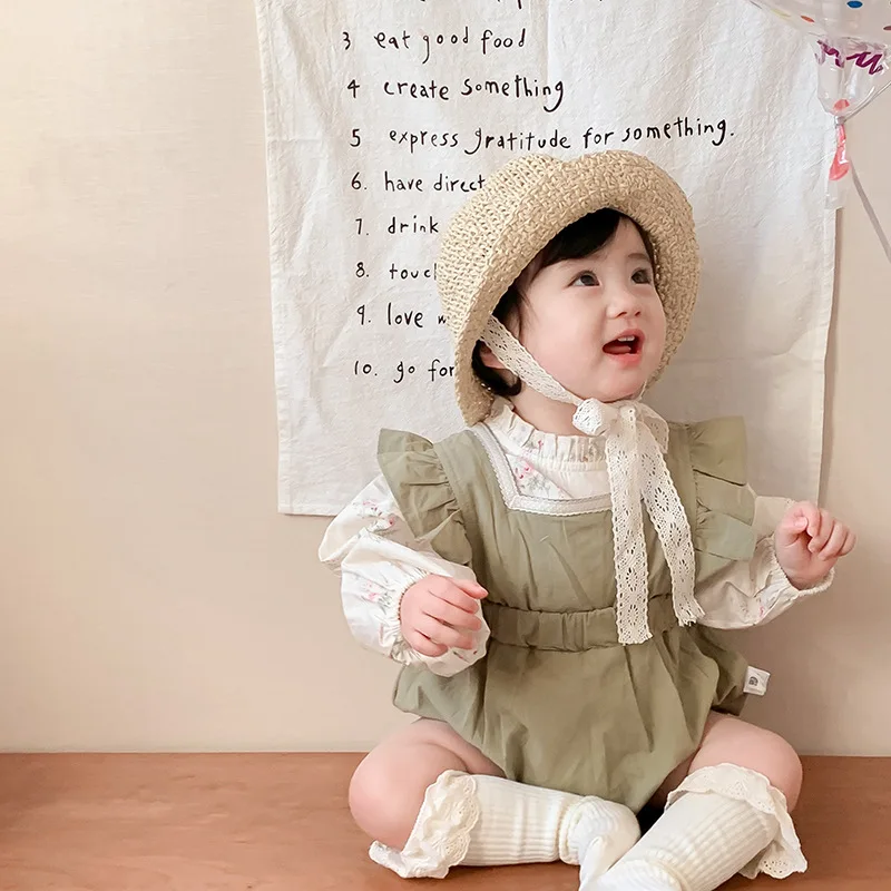 

Babys Sets Korean Autumn Baby Jumpsuits Sweet Clothes Newborn Fragmented Flowers T-shirt Two Piece Square Collar