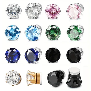 2pcs/pair Unisex Magnetic Ear Studs Six Claw Round Cubic Zirconia Clip Earrings Non Piercing Daily Wear Jewelry For Men Women 1