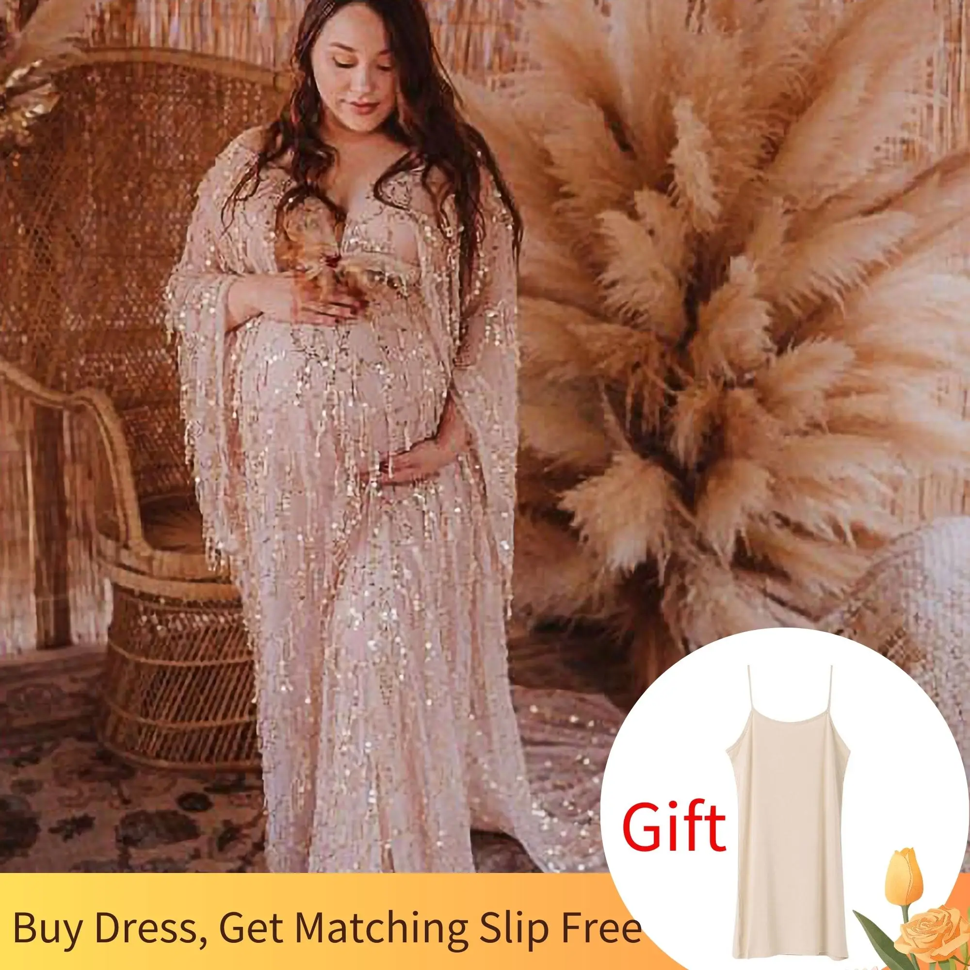 Don&Judy Sequin Maxi Maternity Photo Shoot Dress Boho Evening Party Gown Pregnancy Women Photography Dresses Baby Shower Gift