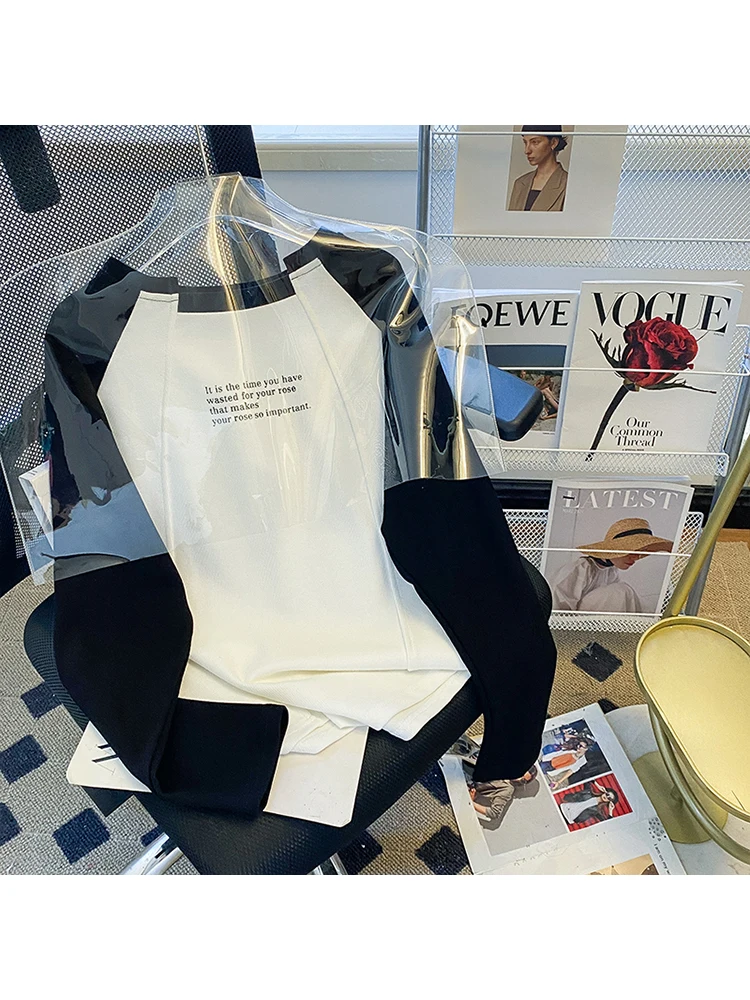 

American Vintage Casual Letter Print Contrast Color Splice Irregular Long Sleeve T-Shirt Women Spring Versatile O Neck Lady Top