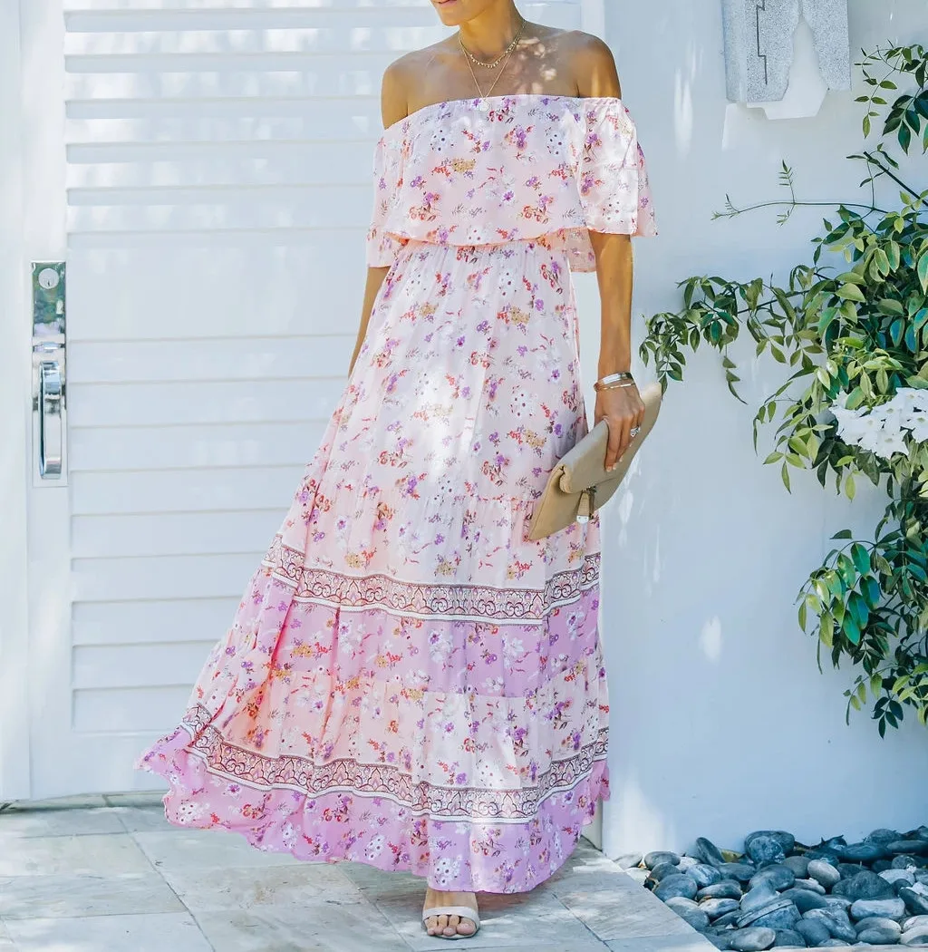 Flower Print Off Shoulder Long Dresses For Women Spring Summer New Fashion Temperament High Waist Leace-up Dress Female Vestidos 31 undefined