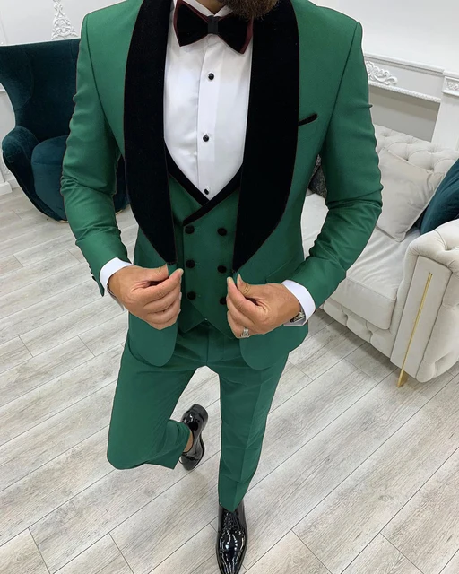 2024 Fashion Green Business Men Suit 3 Pieces Male Dress Custom Groom Wedding Suit Tuxedo Black Velvet Lapel Blazer Vest Pants
