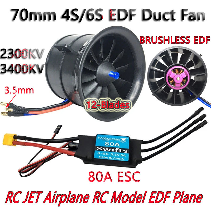 Hobbyocean 70mm BRUSHLESS EDF Duct Fan 12-Blades 4S 3400KV 6S 2300KV About 2200G Thrust for  RC JET Airplane RC Model EDF Plane