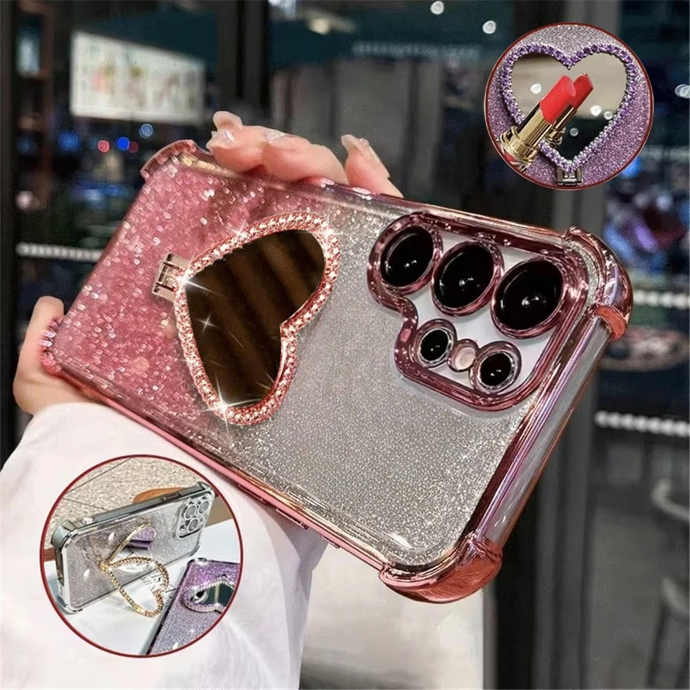Glitter Heart Mirror Stand Phone Case - Shockproof Silicone Cover