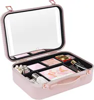 13.4 Inch Travel Makeup Case with Large Lighted Mirror Partitionable Cosmetic Bag Waterproof Portable Cosmetic Organizer (Pink) 1
