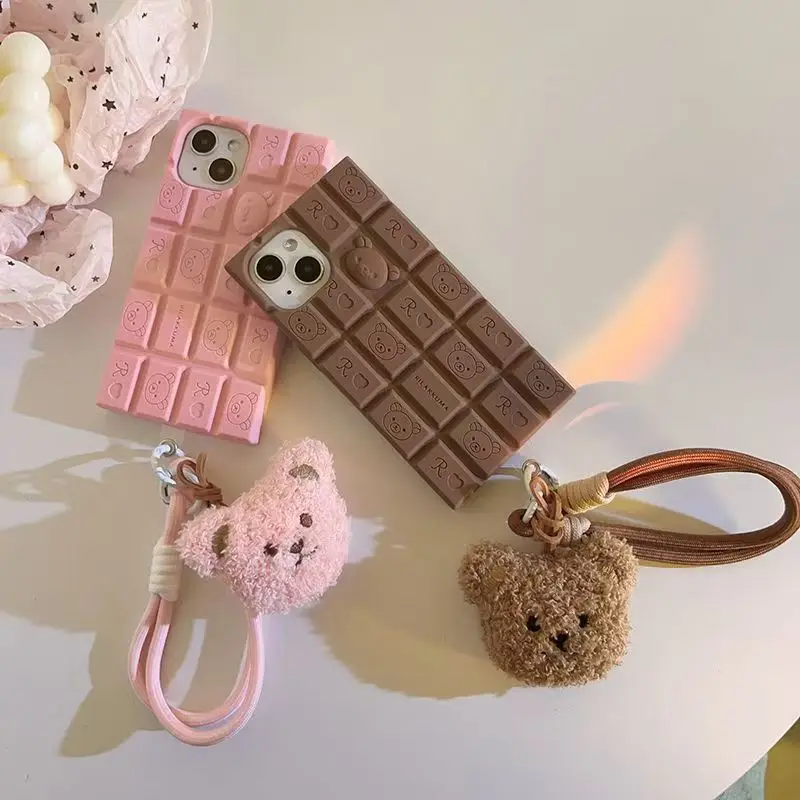 3D Chocolate Rilakkuma Phone Case For iphone 17 16 Pro Max 15 14 Plus 13 12 11 Pro Max Soft Cover with Cute Bear wrist strap 5