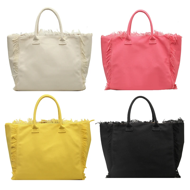 Chic Tassel Striped Canvas Beach Tote - Large Capacity Casual Shopping Bag
