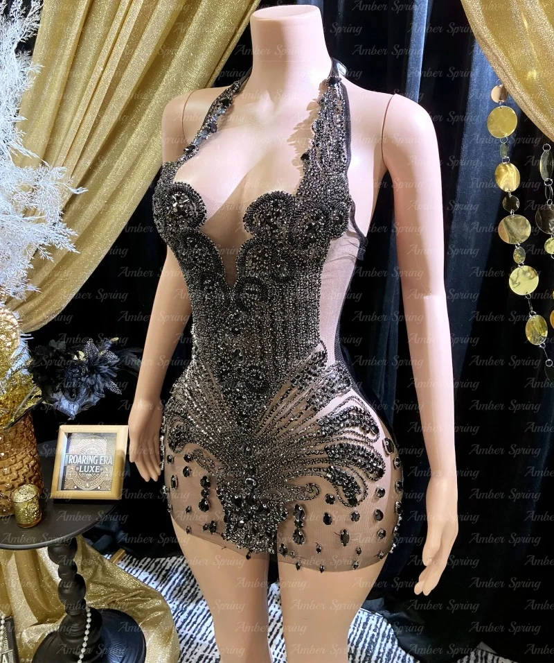 Little Black Cocktail Dress Rhinestone Short Birthday Gown Haute Crysta Halter Neck Leathers Back Prom Party