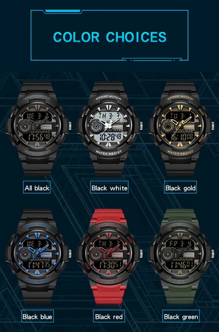 SANDA Brand Mens Sports Fashion Watch Man Dual Display Analog Digital Wristwatches Waterproof Swimming Military Calendar Watches