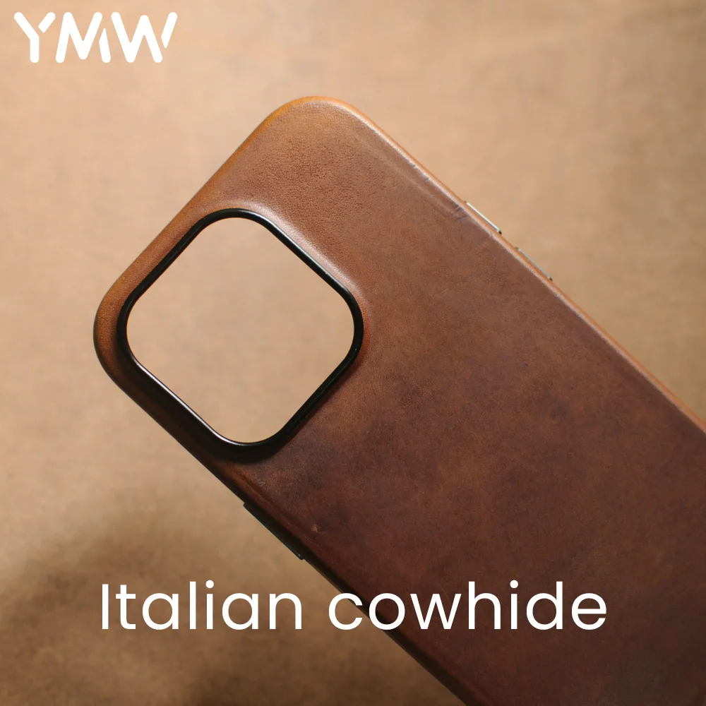 

YMW Italian Retro Genuine Leather Case for iPhone 15 14 Pro Max Plus Personality Cowhide Phone Cover