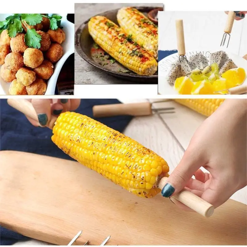 Corn Holders Fork Multi-function Barbecue Corn Prongs Skewers Tools Wooden Handle 304 Stainless Steel Fork BBQ Barbecue Supplies