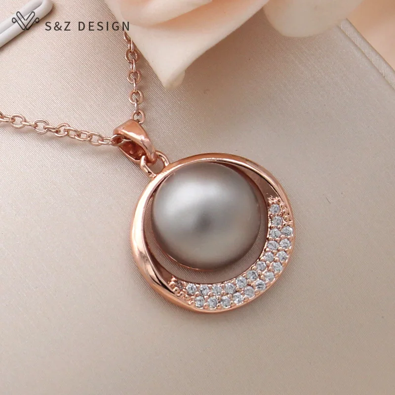 S&Z DESIGN New Fashion Round Simulated-pearl Pendant Necklace For Women Wedding 585 Rose Gold Color Cubic Zirconia Jewelry