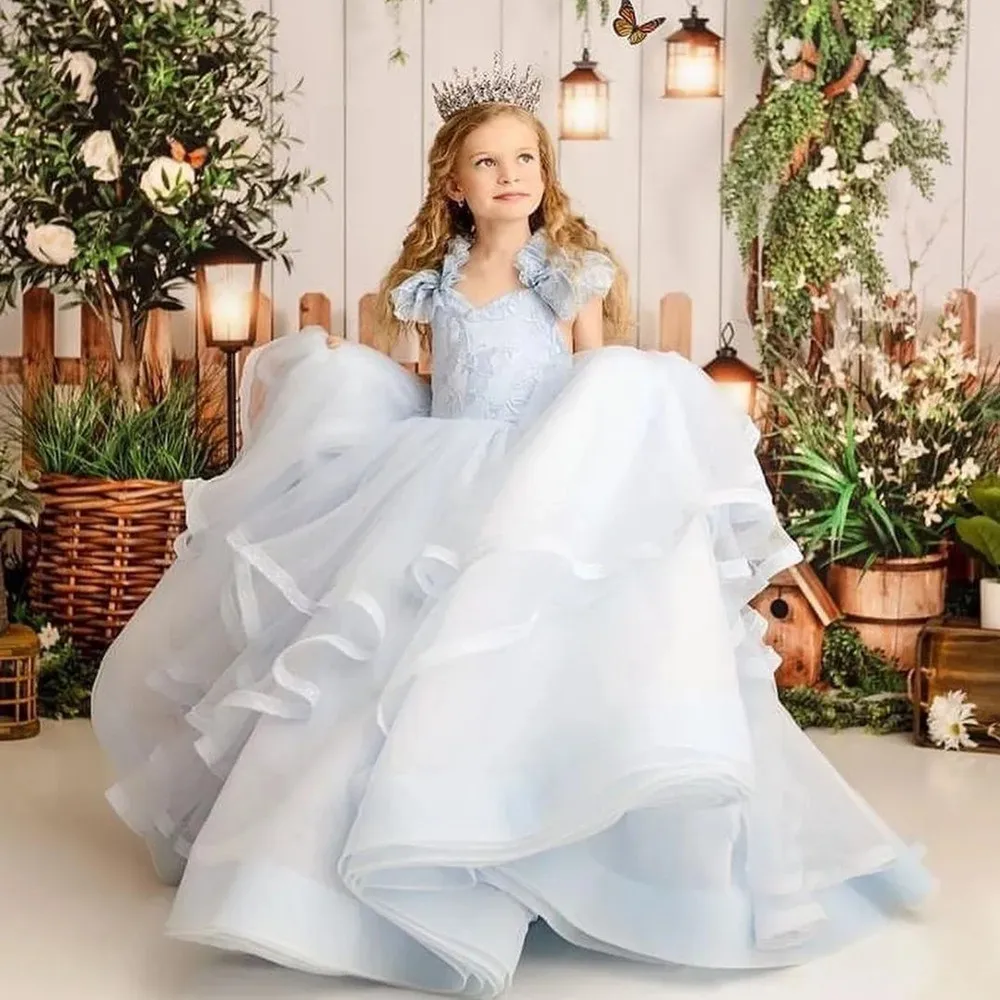 

New Light Blue Flower Girl Dress Wedding Party Tulle Skirt Ruffled Princess Ball Gown Over Flowing Floral Kids Cosplay Princess