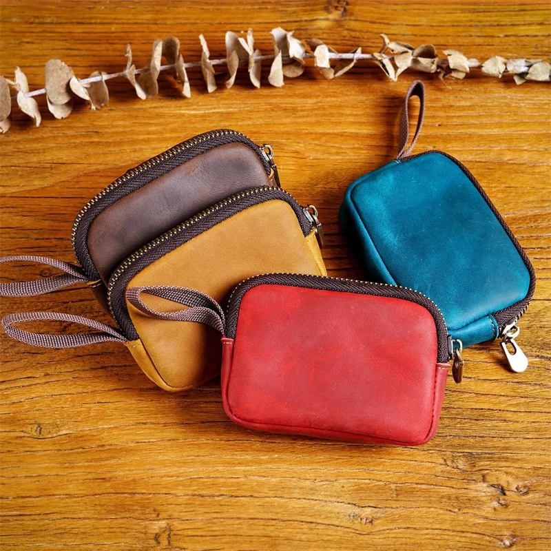 Vintage Solid Color Cowhide Small Purse Mini Coin Purse Bluetooth Headset Key Bag Zipper Card Coin Storage Bag