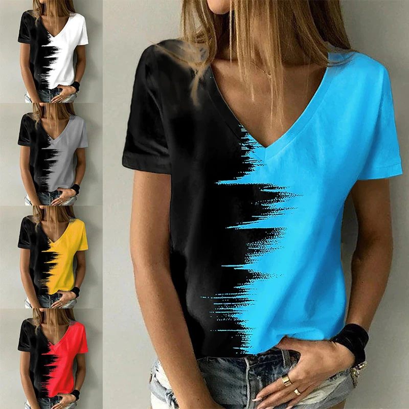 

Футболка женская с абстрактным 3D-принтом, винтажный топ с V-образным вырезом, оверсайз, с коротким рукавом, повседневная одежда для женщин, новинка 2022