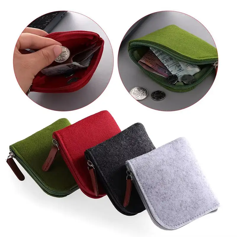 Gray Mini Felt Coin Purse Women Men Solid Color Change Bag Credit Card ID Holder Wallets Key Chain Small Bags For Unisex