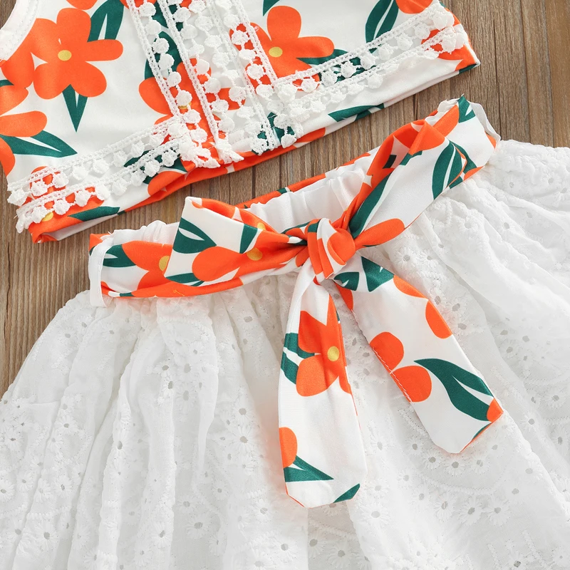 FOCUSNORM 0-4Y Lovely Kids Girls Clothes Sets 2pcs Flowers Lace Spaghetti Strap Camisole + Hollow-out Solid Skirt with Belt