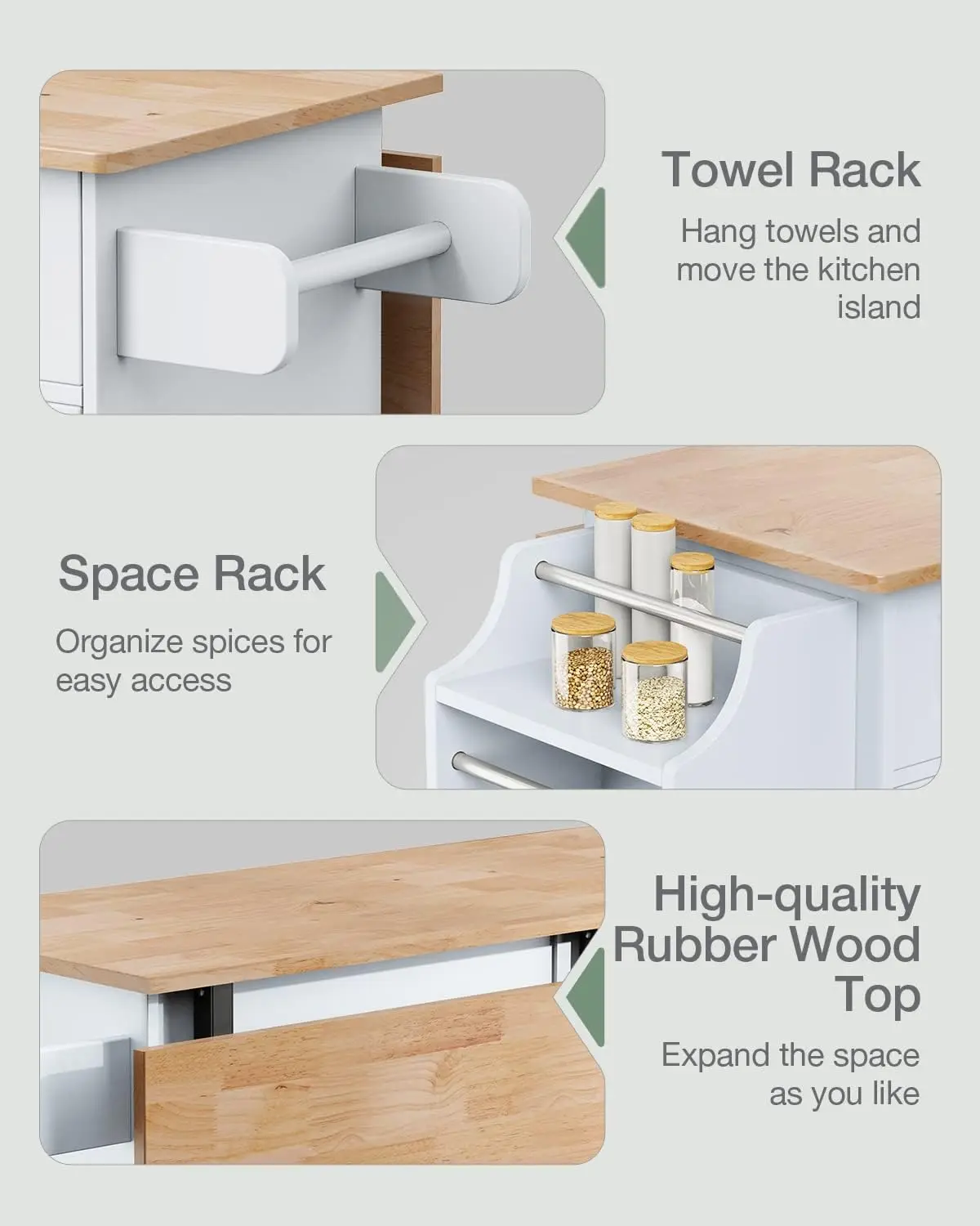 Island on Wheels Kitchen Cart with Rubber Wood Top, Mobile Kitchen Island with Double Storage Cabinet and Drawers, Table