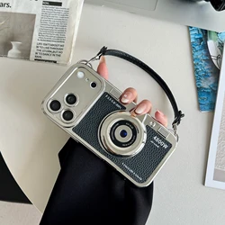 Luxury Retro Stereo Camera Hand Lanyard Leather Pattern Shockproof Phone Case - iPhone 15 (Black)