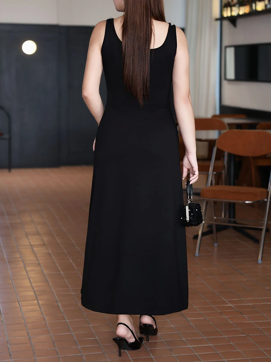Premium Slim U-Shaped Diamond Neck Black Classic Vintage French Strap Plus Size Women's Long Dress Autumn 2025
