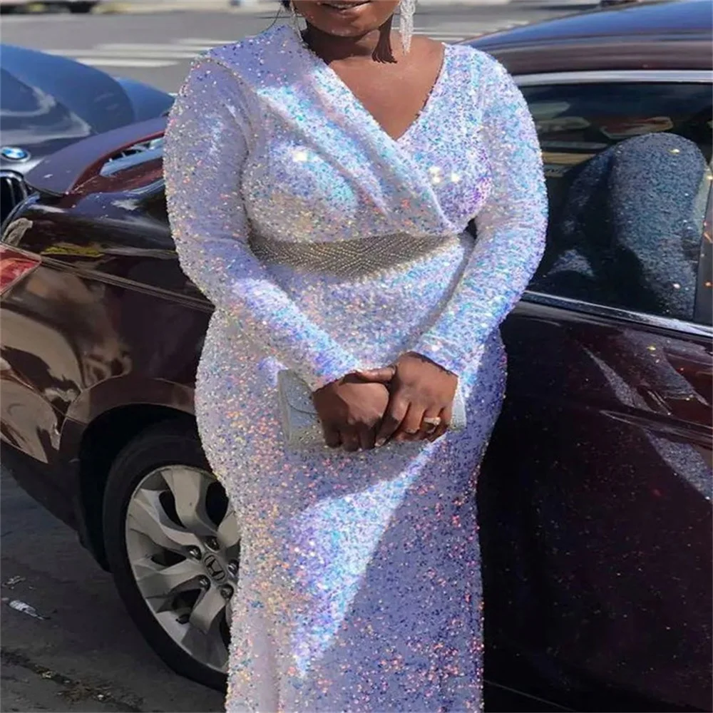 

Luxury Sparkly Evening Party Dress Women White Long Sleeve V-neck Fashion Maxi Prom Dresses Elegant Female Formal Occasion Gown