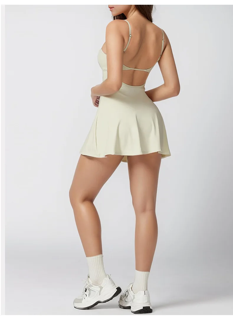 2025 New Yoga Fitness One-piece Tennis Skirt With Chest Pad Beauty Back Outdoor Spaghetti Strap Anti-exposure Sports Dress