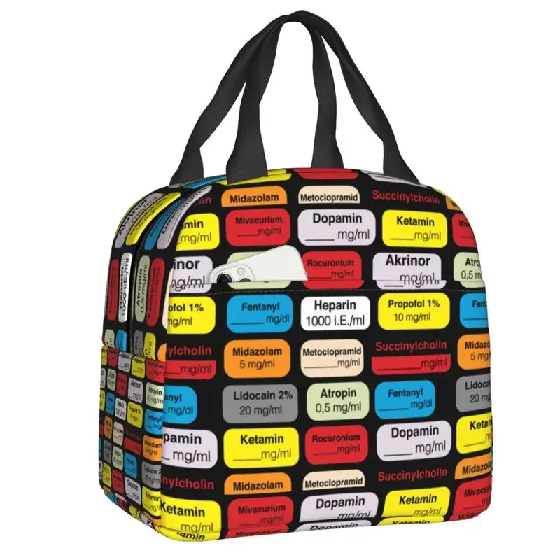 

Anesthesia Medication Labels Lunch Bag Leakproof Medical Nurse Thermal Cooler Insulated Bento Box for Women Kids Food Tote Bags