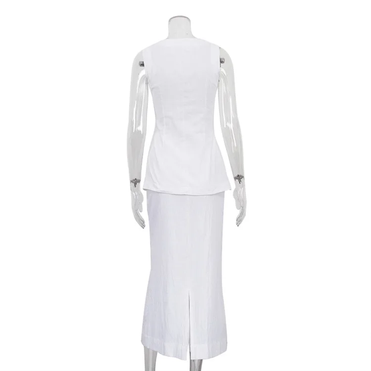 Conjunto de 2 piezas de falda larga blanca de cintura alta para mujer: top ajustado sin mangas y falda larga informal, conjuntos de patchwork para mujer