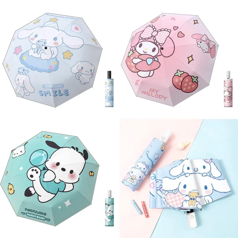 Sanrio Peripheral Umbrella Sunny Rain Dualuse Cinnamoroll Pochacco Melody Anime Folding Automatic Black Coating Bumper Gift