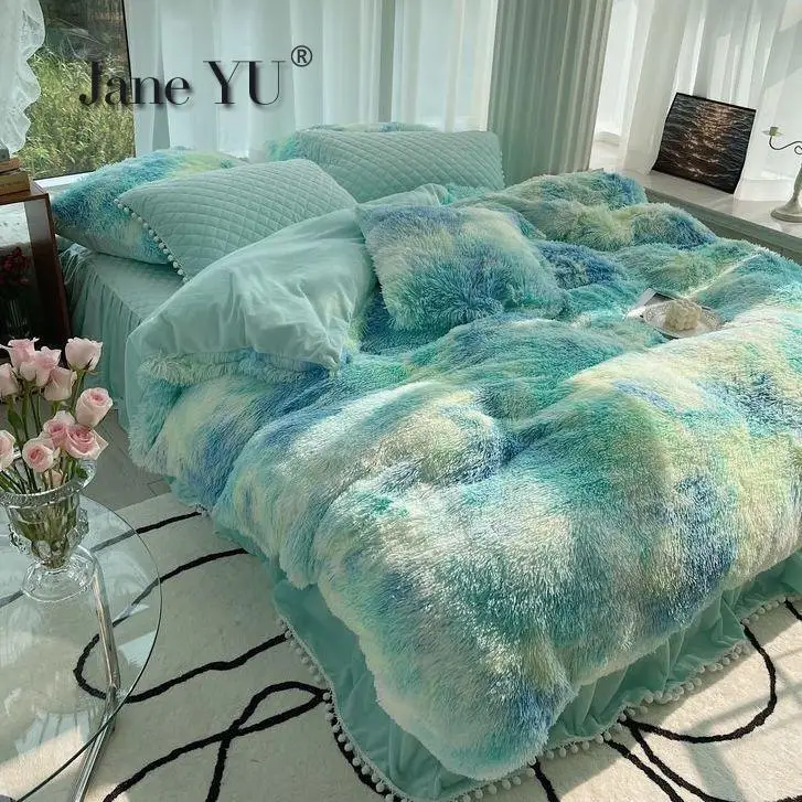 JaneYU Padded Warm Milk Velvet 4Pcs Bedding Set Double-sided Coral Velvet Mink Velvet Plus Velvet Quilt Cover Bed Sk