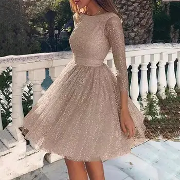 Dazzling Evening Gown Glitter Starry Tulle Prom Dress Crew Neck Formal Women Evening Dress Mesh Cocktail Party Short Dress 80% 1